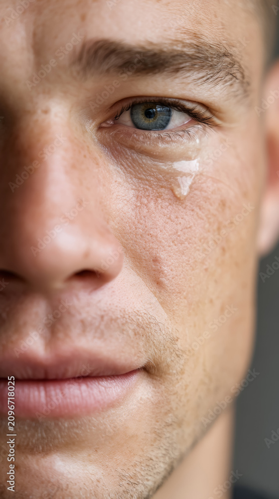 Fototapeta premium Close-up of young caucasian male with tearful eye expression