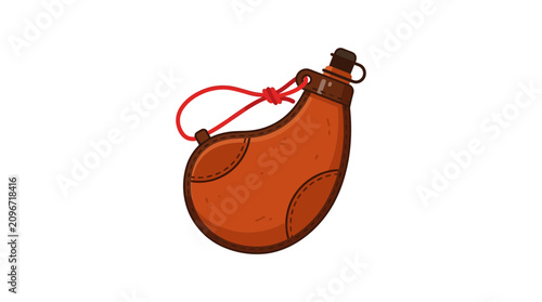 Vintage Brown Leather Water Flask Illustration with Red Strap