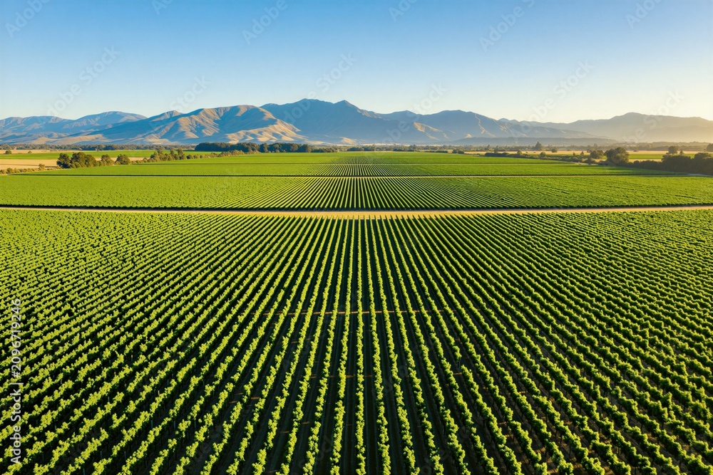 Obraz premium Aerial view of green vineyard rows in New Zealand valley. Endless grape plants stretch across rural farm land toward distant mountains. Sunset light illuminates agriculture fields. Nature landscape