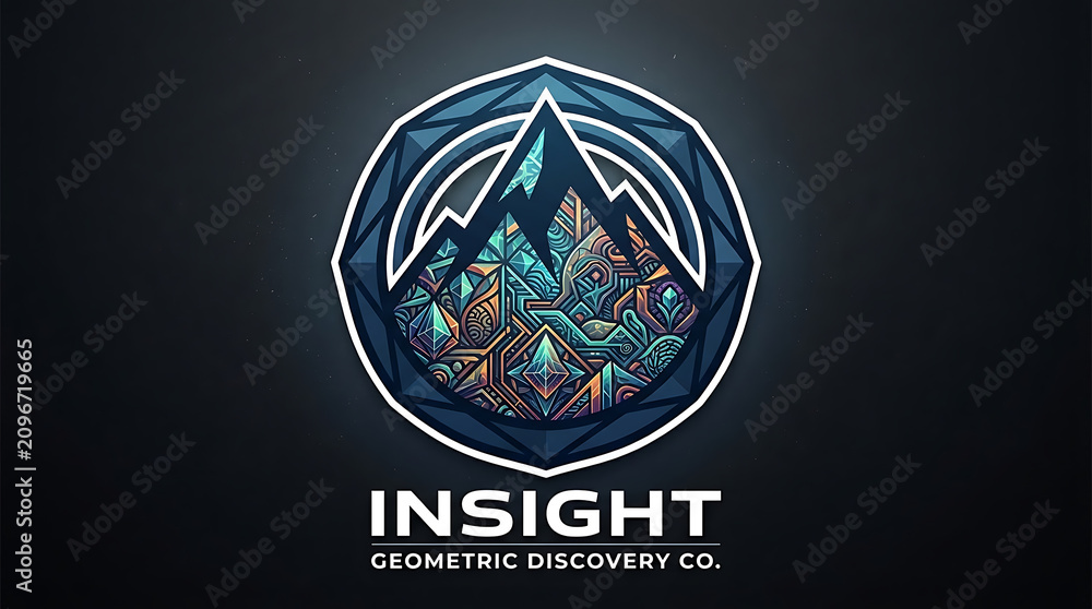 Obraz premium Geometric mountain logo design with intricate patterns inside a circular frame for a discovery company