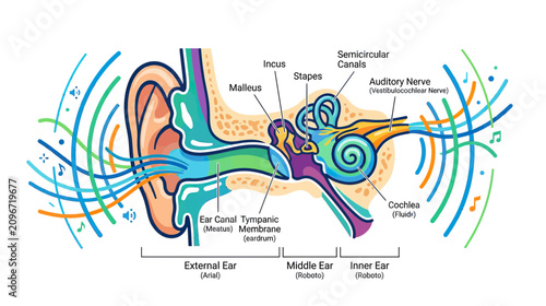 Tableau sur toile Human Ear Anatomy Diagram: Sound Waves, Hearing, Auditory System
