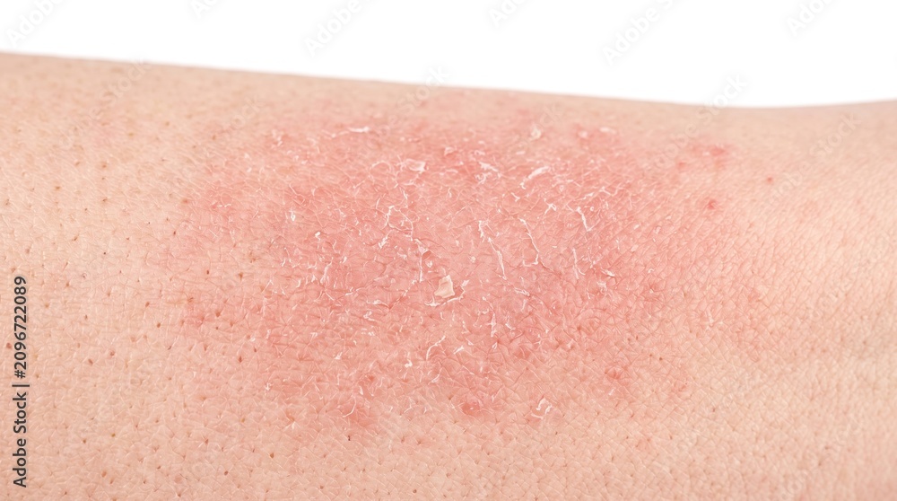 Fototapeta premium Close up of skin arm with a red scaly plaque from acute contact dermatitis