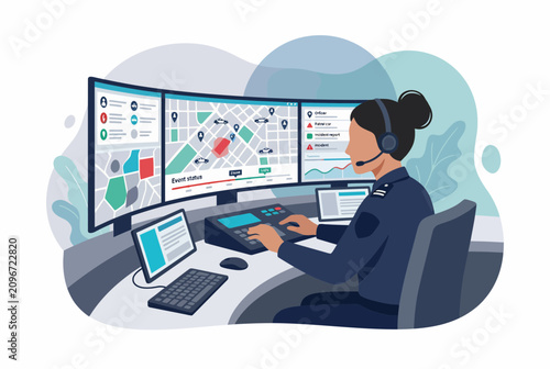 Female 911 Dispatcher Monitoring Emergency Rescue and GPS Tracking