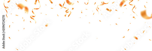 Flying orange confetti, ribbon banner, party element, isolated on white backgrounds