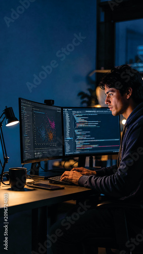 Software developer working late at night on coding projects with multi-monitor setup