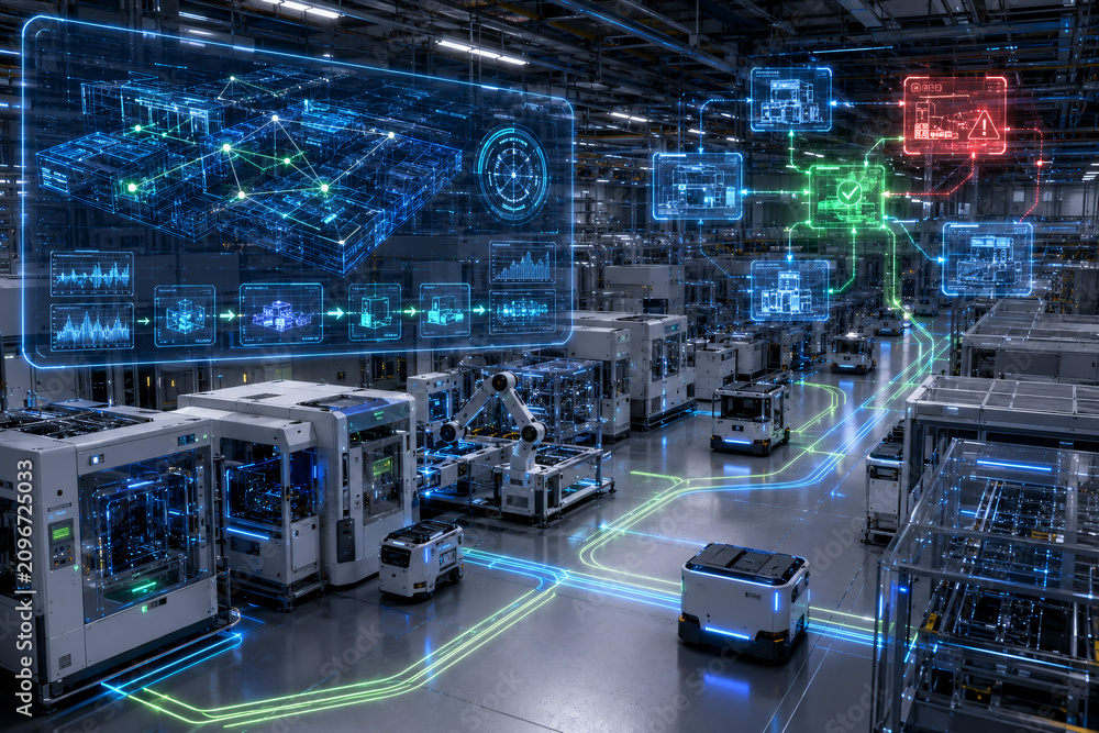 Fototapeta premium Autonomous AI Factory Self-Healing System with Digital Twin Recovery in a Semiconductor Smart Factory