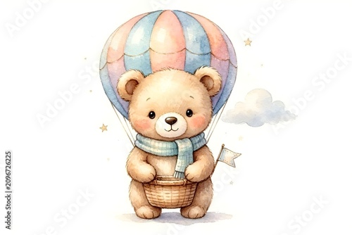 Isolated Watercolor Illustration of Cute Little Teddy Bear Character in Pink Blue Yellow Purple Hot Air Balloon & Cloud. Baby Nursery Decor Concept Greeting Card Stationary Posters Shower Invitations.