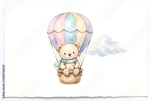 Isolated Watercolor Illustration of Cute Little Teddy Bear Character in Pink Blue Yellow Purple Hot Air Balloon & Cloud. Baby Nursery Decor Concept Greeting Card Stationary Posters Shower Invitations.