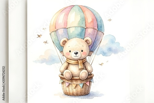 Isolated Watercolor Illustration of Cute Little Teddy Bear Character in Pink Blue Yellow Purple Hot Air Balloon & Cloud. Baby Nursery Decor Concept Greeting Card Stationary Posters Shower Invitations.