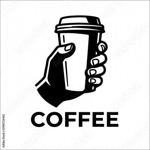 Hand Holding Disposable Coffee Cup Illustration with Coffee Text for Cafe Logo and Beverage Branding