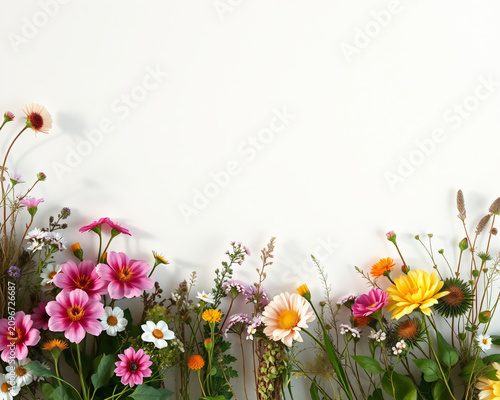 Prairie de fleurs sauvages colorées épanouies dans un jardin ensoleillé, composition florale naturelle aux teintes vives et joyeuses