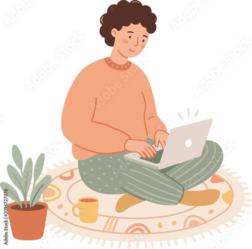 Flat vector illustration of a young casual woman sitting cross-legged on a rug while working and typing on a laptop computer, isolated on a white background.