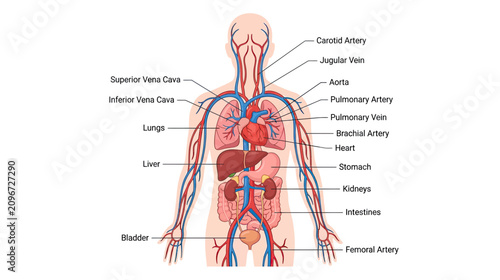 Tableau sur toile Human Circulatory System Diagram with Labeled Organs and Blood Vessels