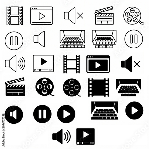 Collection of cinema and video player icons including film reels clapperboards and volume controls for digital interface design
