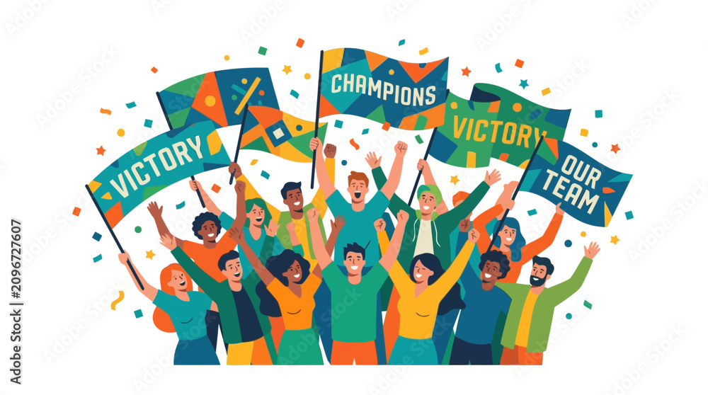 Obraz premium Diverse Group of Happy People Celebrating Victory with Flags