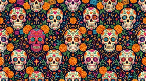 Colorful traditional mexico folk pattern with sugar skulls calavera talavera ornament decorative colorful traditional