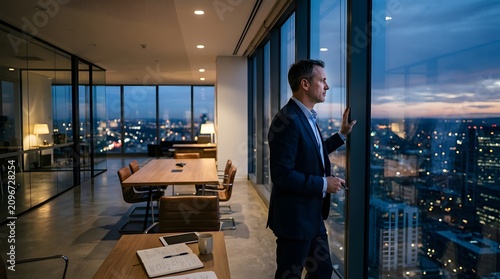 Businessman looking out of office window at city skyline at dusk.