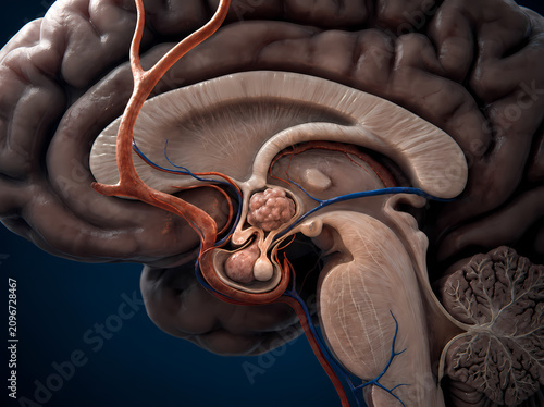 Detailed close up cross section of the human brain mid sagittal view highlighting the pituitary gland hypothalamus and surrounding vascular structures