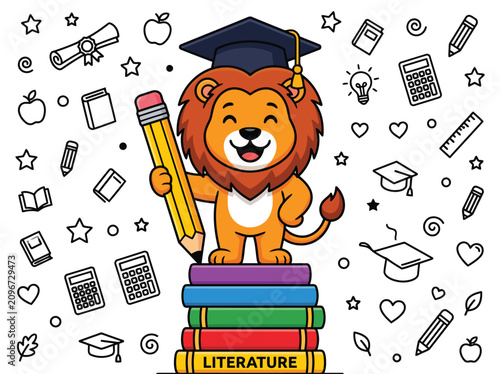 Cute Lion Student Character Wearing Graduation Cap with Pencil and Books for School Education Concept