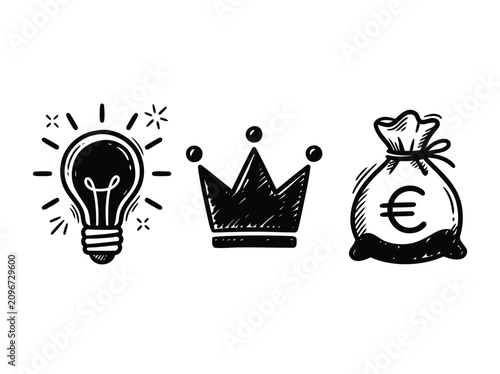 Success and Innovation Business Concept Icons with Lightbulb Crown and Money Bag Hand Drawn Sketch