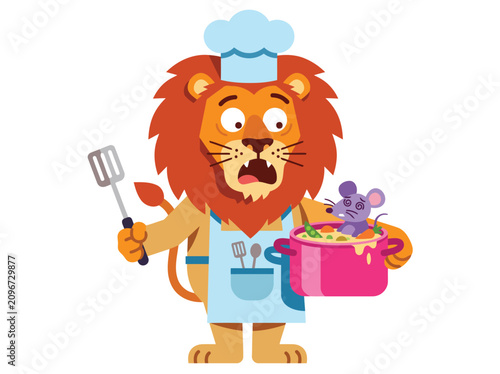 Funny Cartoon Lion Chef Character Shocked with Mouse in Soup Pot Vector Illustration