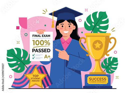 Female Student Graduate Holding Perfect Exam Result Certificate and Trophy Illustration for Academic Success Concepts