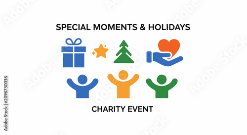 Colorful charity event icons and symbols.