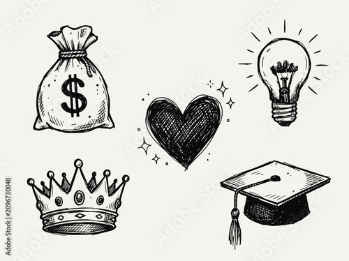 Hand Drawn Sketch Icons Set Representing Success Wealth Love Education and Innovation