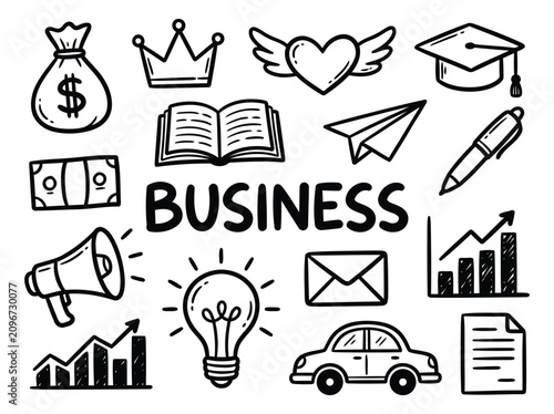 Business Doodle Icons Set Hand Drawn Vector Elements for Marketing and Financial Presentations Startup Concept Illustrations