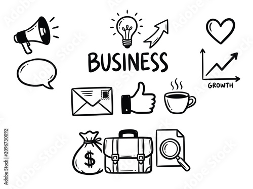 Collection of Hand Drawn Business Doodle Icons for Marketing Strategy Financial Growth and Corporate Communication Concepts
