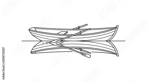 Konstfotografi Rowboat with oars on calm water, reflection, minimalist line art