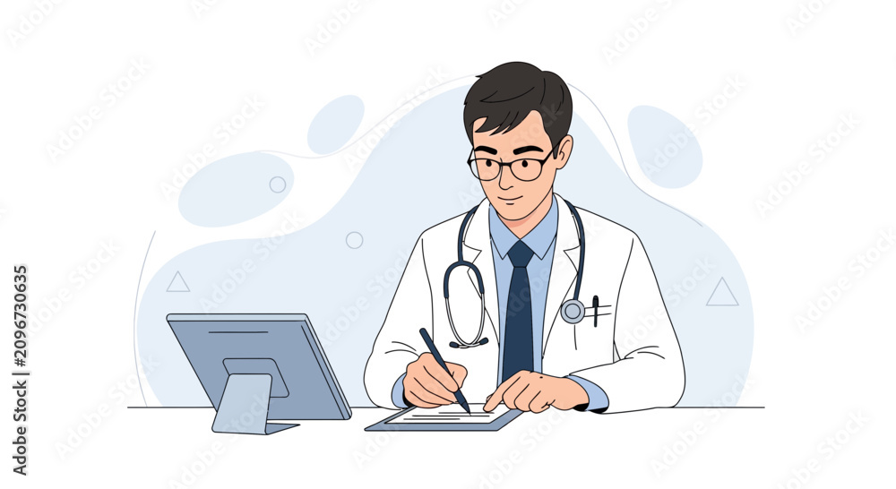 Fototapeta premium Young Asian Doctor in Lab Coat Writing on Clipboard Next to Computer Tablet, Modern Medical Illustration