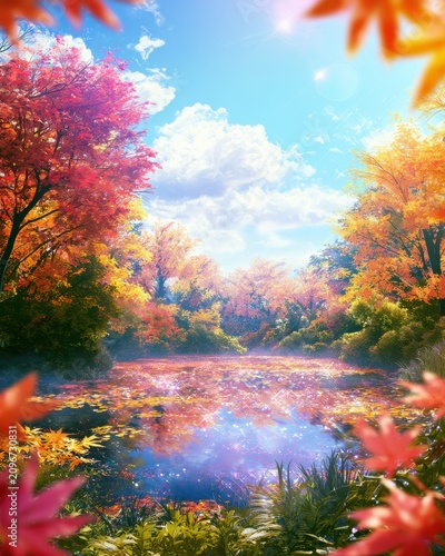 Anime style autumn maple trees near a tranquil pond, vibrant vivid colors, clear midday, beautiful clouds, sparkling light, lens flare, lush greenery, highly detailed landscape