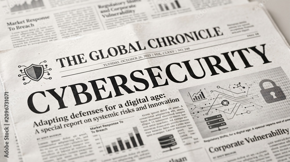 Obraz premium Newspaper front page with cybersecurity headline concept