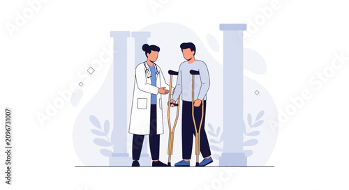 Doctor assists patient with crutches, symbolizing recovery and healthcare support