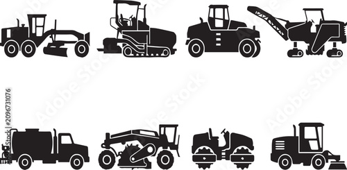 Black silhouette of construction and road building machinery, including graders, pavers, rollers, and specialized utility trucks