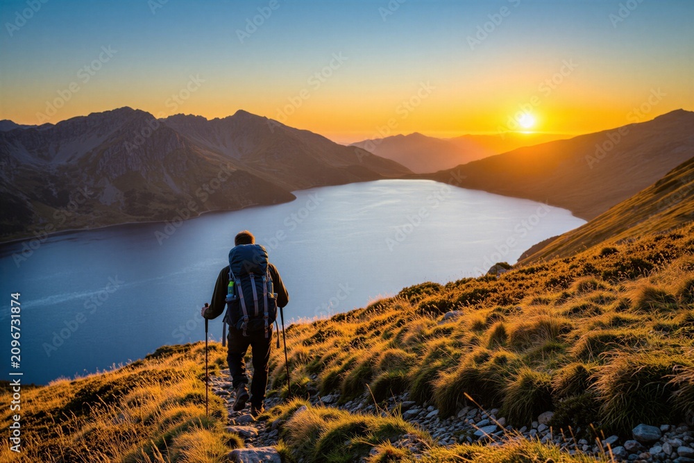 Fototapeta premium Man with backpack hikes on mountain trail at golden sunset. Tourist walks along slope with trekking poles over blue lake view. Active person explores nature wilderness during autumn evening trip.