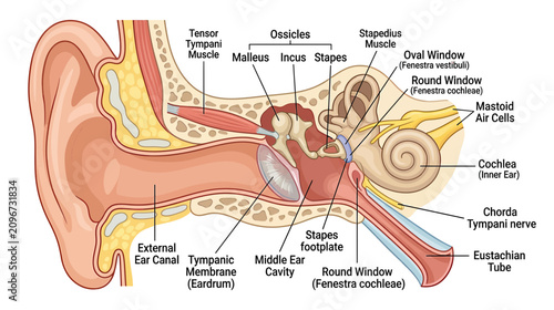 Obraz na płótnie Human Ear Anatomy Diagram: Cross-Section of Auditory System
