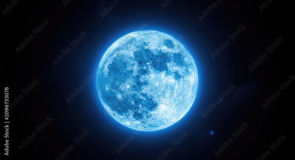 Obraz premium A radiant blue moon glows intensely against the dark velvet of a clear night sky, casting a soft cerulean light across the cosmic expanse, full moon, heavenly, science