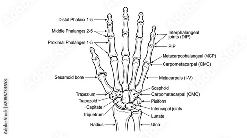Foto Anatomical Diagram of the Human Hand Bones