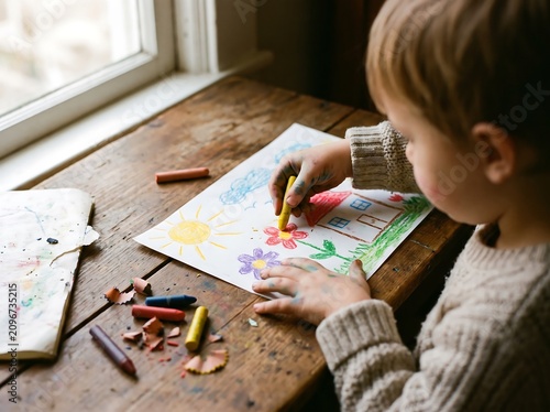 Cute little boy drawing house and flowers with oil pastel crayons on wooden desk near window
