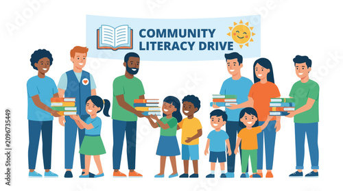 A diverse group of adults and children participating in a community literacy drive, exchanging books with smiles.