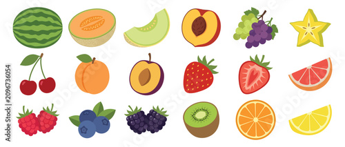 Vibrant fruits collection vector set watermelon cherries strawberries more for design projects