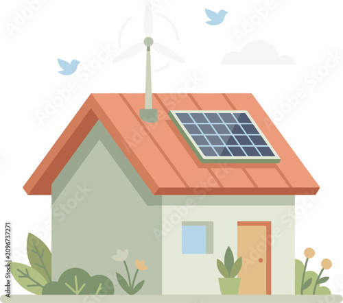 Flat vector illustration of a cute eco-friendly house with a solar panel and wind turbine on the roof, isolated on a white background.