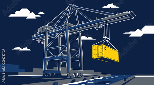 Konstfotografi Shipping port crane lifting yellow cargo container illustration.