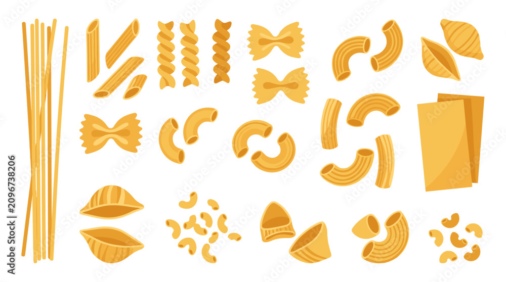 Fototapeta premium Collection of various pasta shapes, including spaghetti, penne, farfalle, macaroni, and shells, ideal for food concepts and