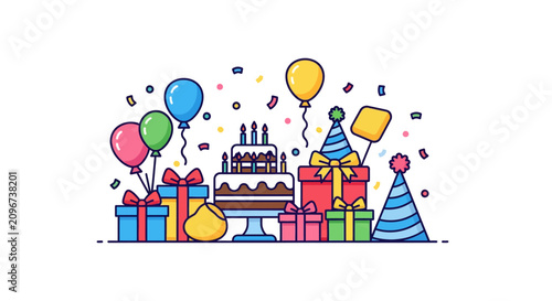 Colorful Party Celebration With Cake Gifts.