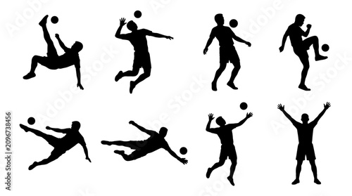 collection of black silhouettes depicting athletes playing soccer and volleyball in dynamic action poses, showcasing various skills and movements