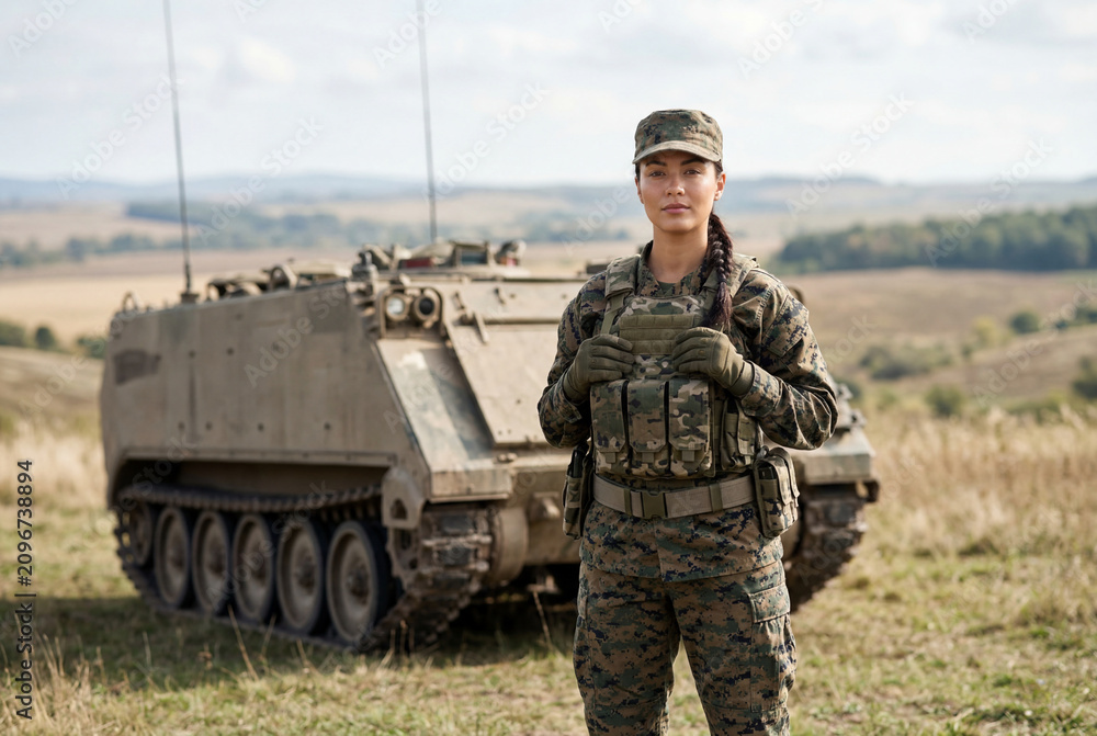 Fototapeta premium Female soldier in camouflage uniform standing near tank