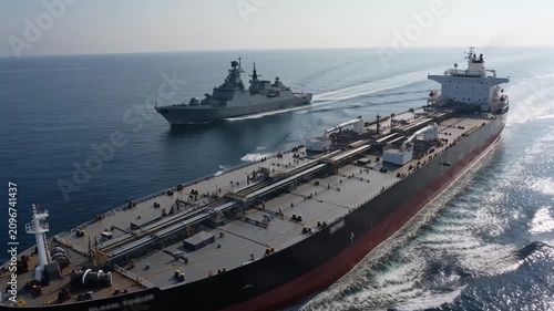 Aerial view of a warship escorting a large oil tanker across the open sea, naval vessel providing security to a crude carrier along a strategic maritime route